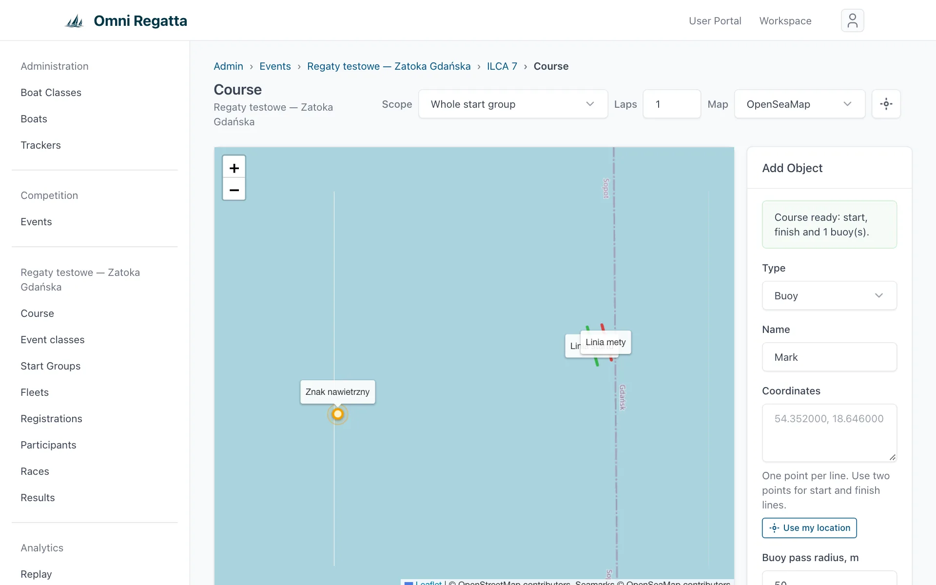 Course editor with the map, start line, finish line, windward mark and Add Object panel