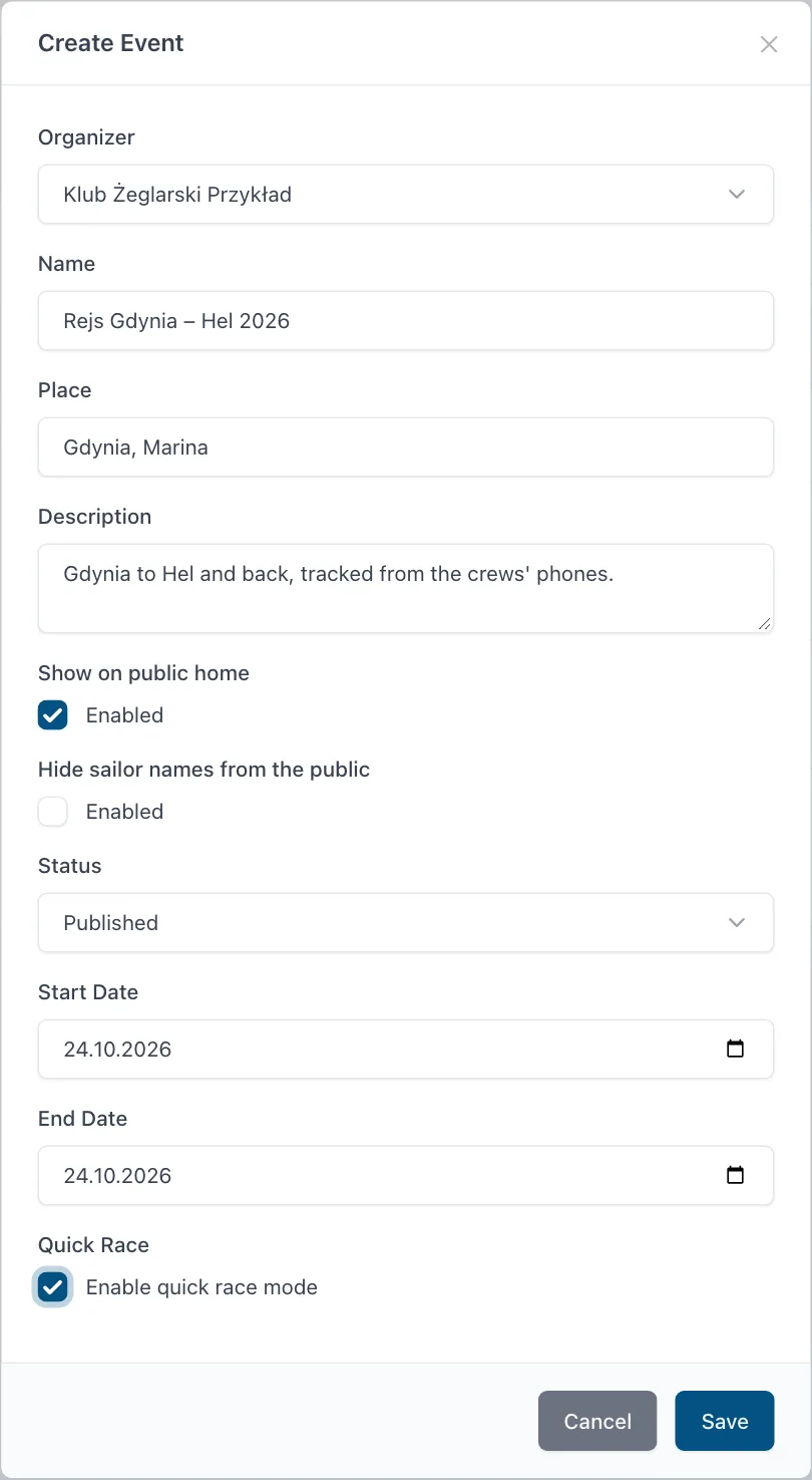 Create Event form filled in for a quick race