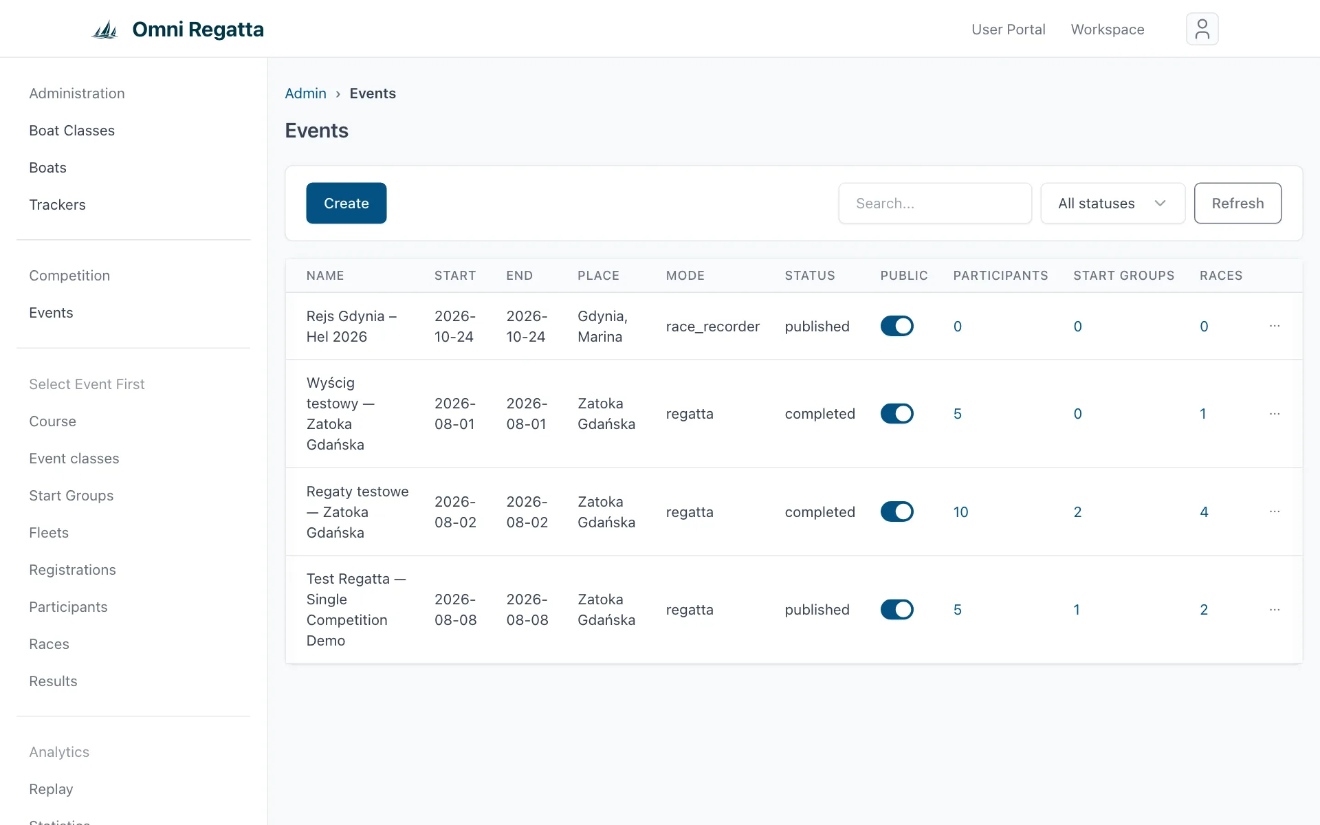 Events list in the administration panel with the Create button
