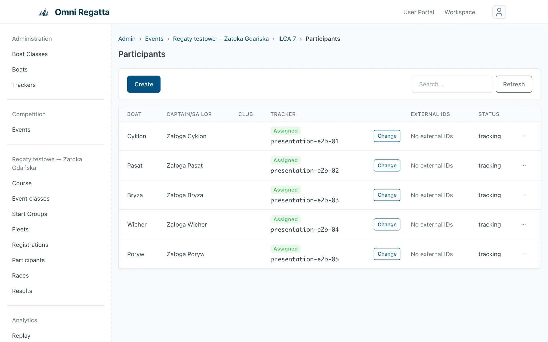Participants list with boat name, skipper, assigned tracker and status