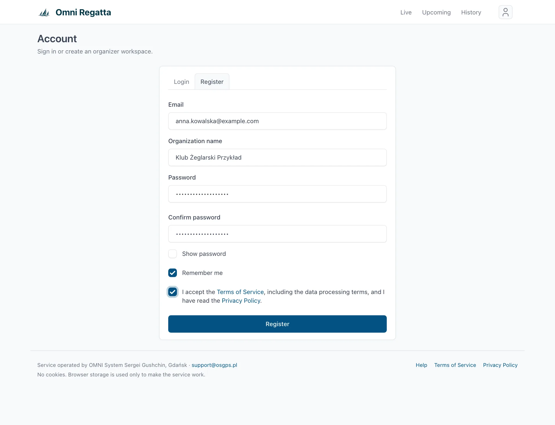 Sign-up form with email, organization name, password and terms acceptance
