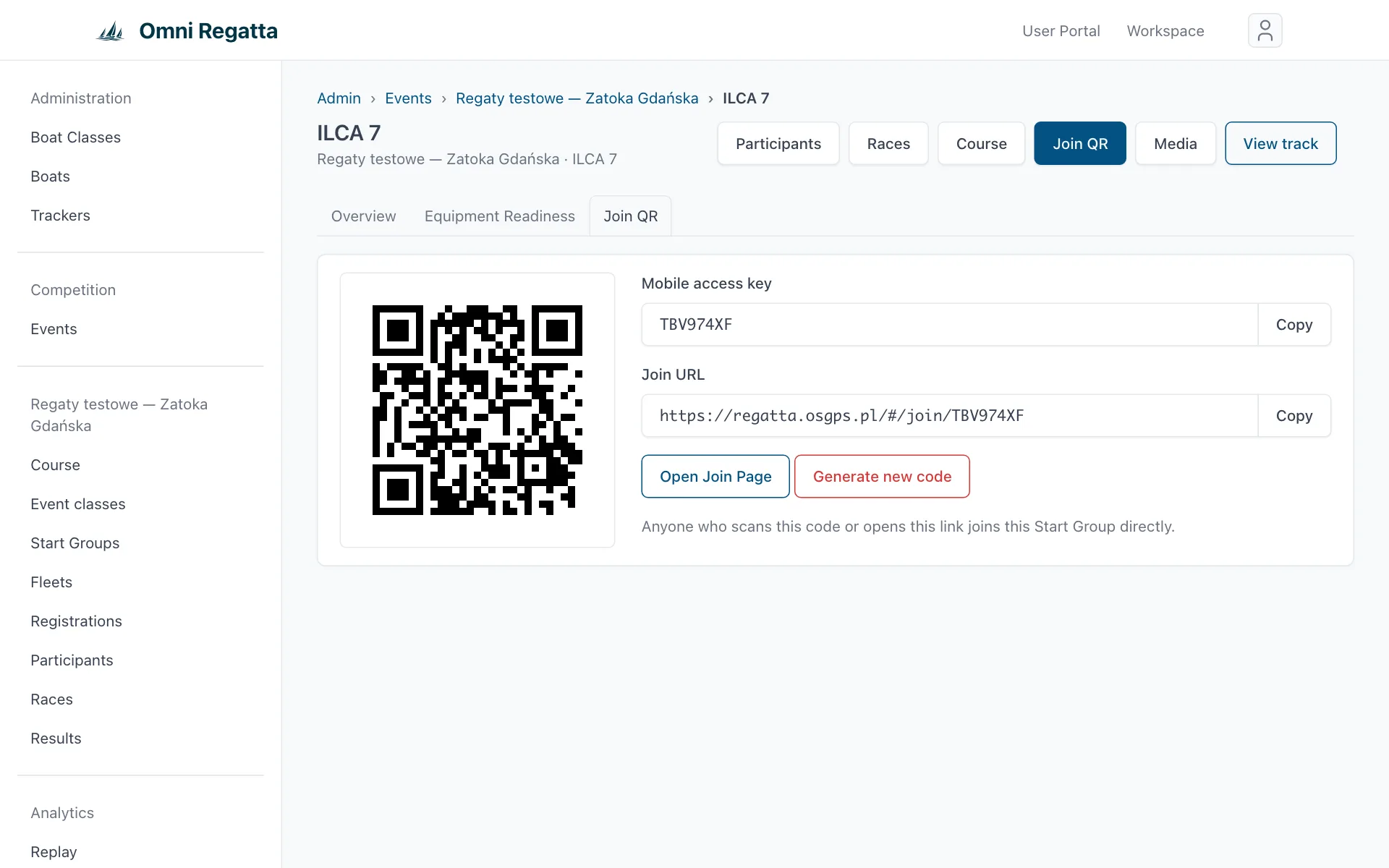 Join QR tab of the ILCA 7 start group with Open Join Page and Generate new code buttons