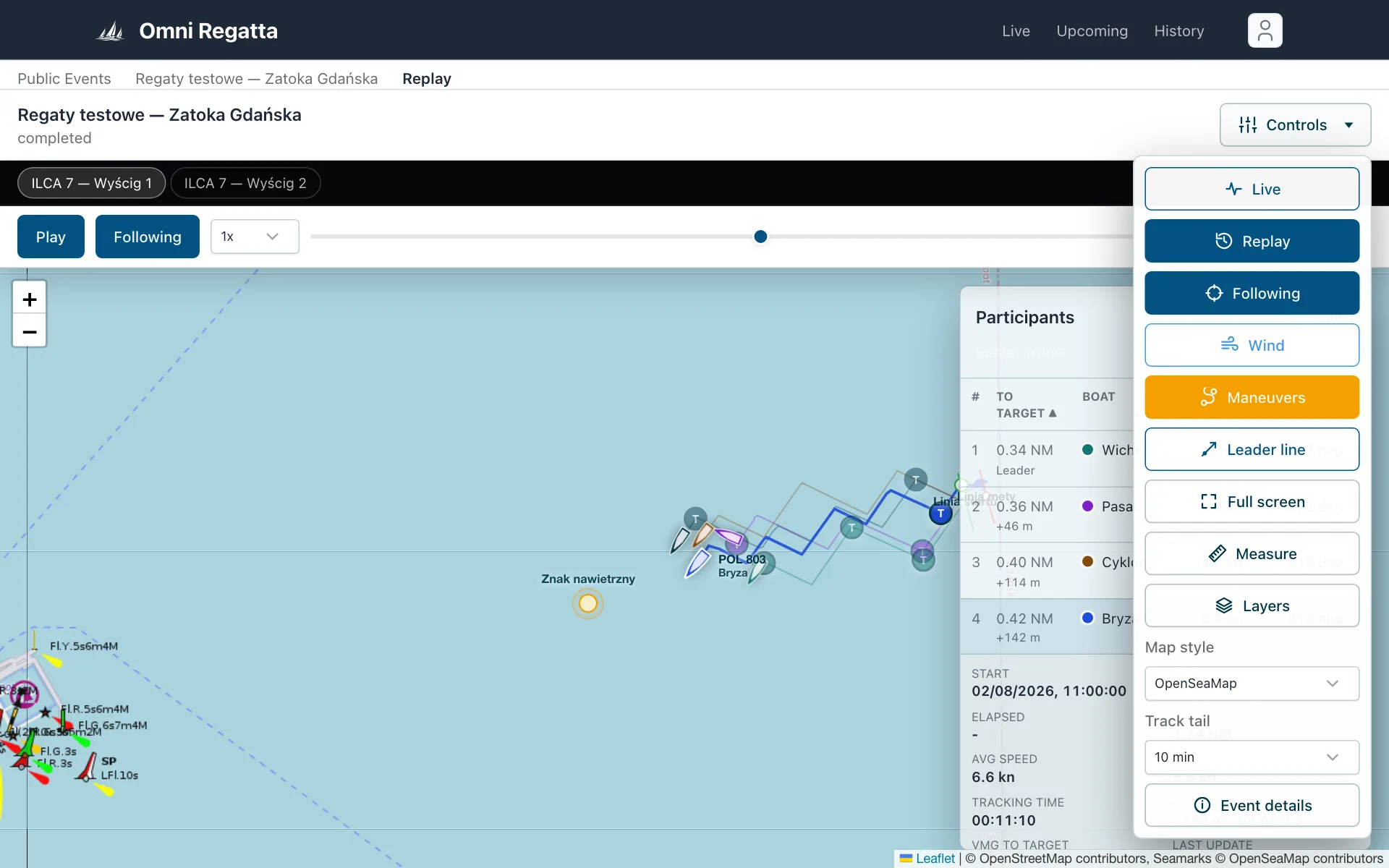 Open Controls menu with Live, Replay, Following, Wind, Maneuvers, Leader line, Measure and Layers