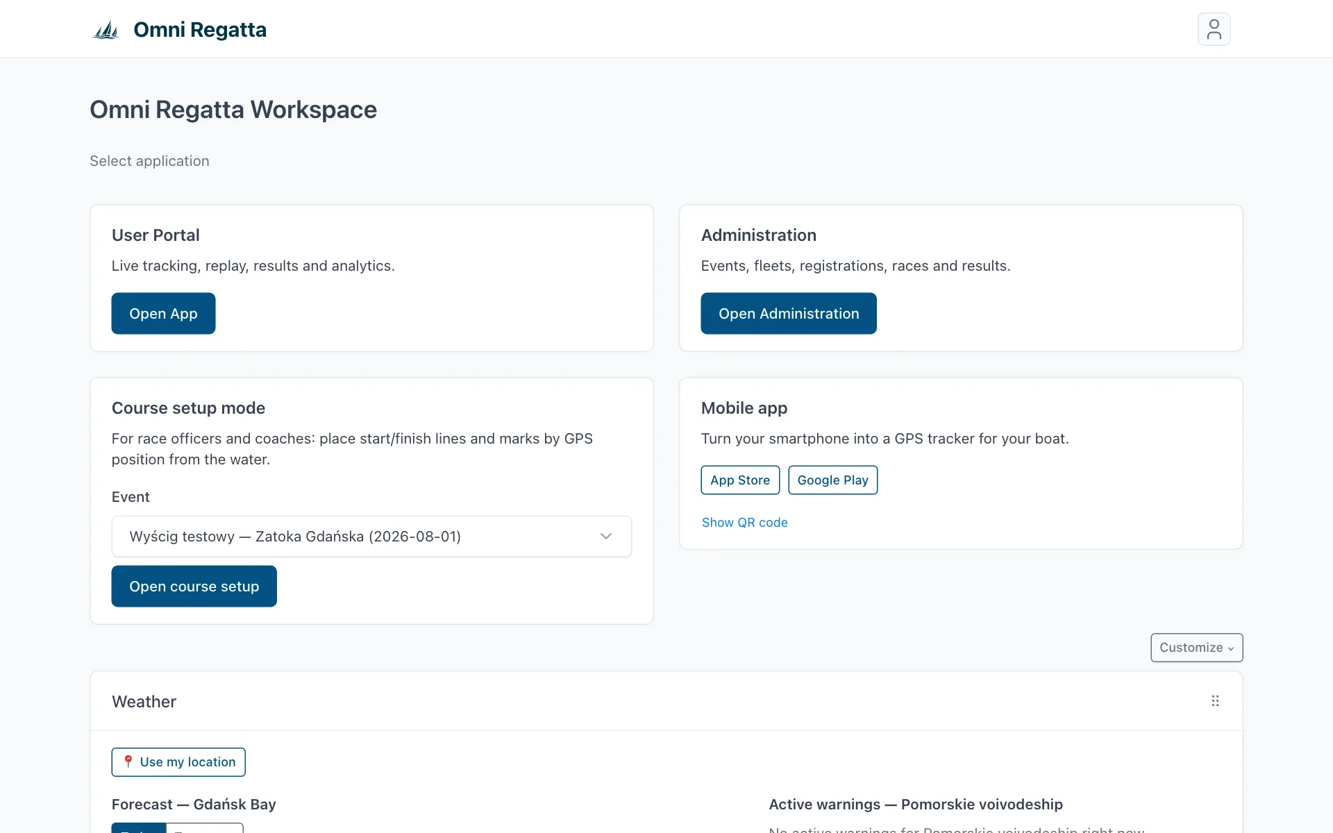 Organizer workspace with the User Portal, Administration, Course setup mode and Mobile app tiles