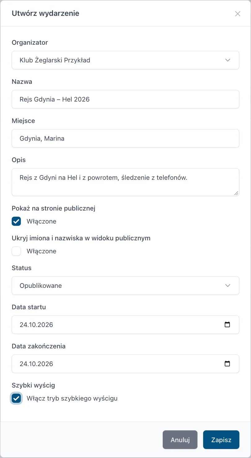 Formularz Utwórz wydarzenie wypełniony dla szybkiego wyścigu
