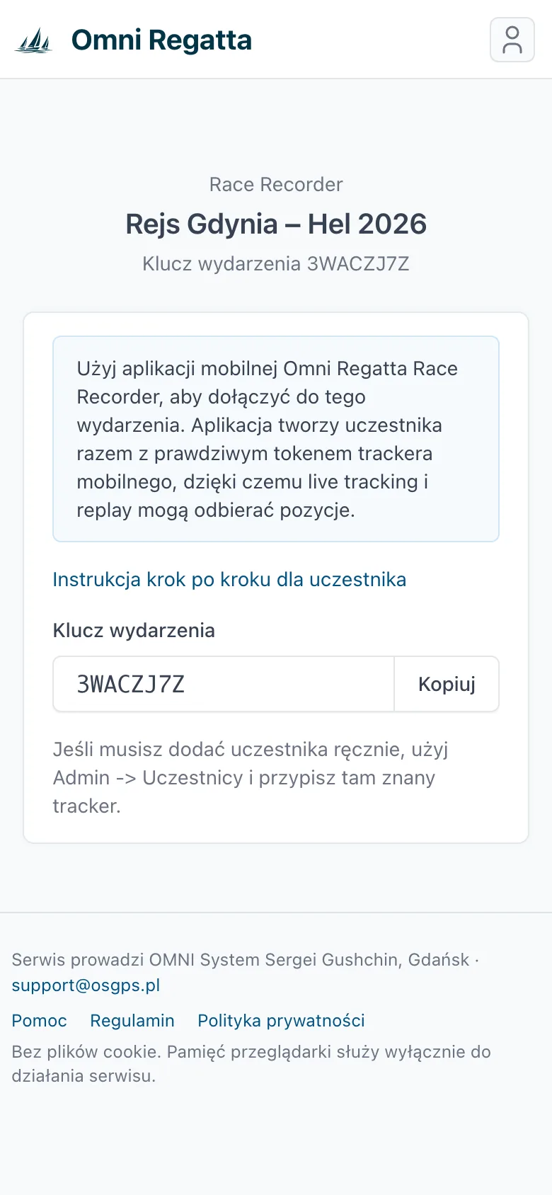 Strona dołączenia w przeglądarce telefonu z nazwą wydarzenia i kluczem do skopiowania