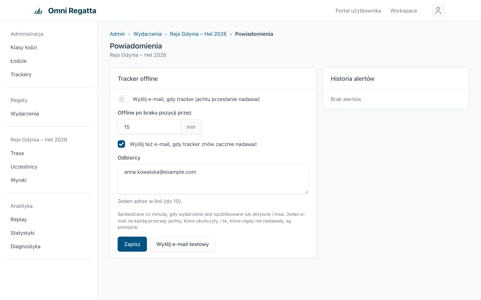 Ustawienia powiadomień: e-mail gdy tracker przestanie nadawać, czas, odbiorcy, historia alertów