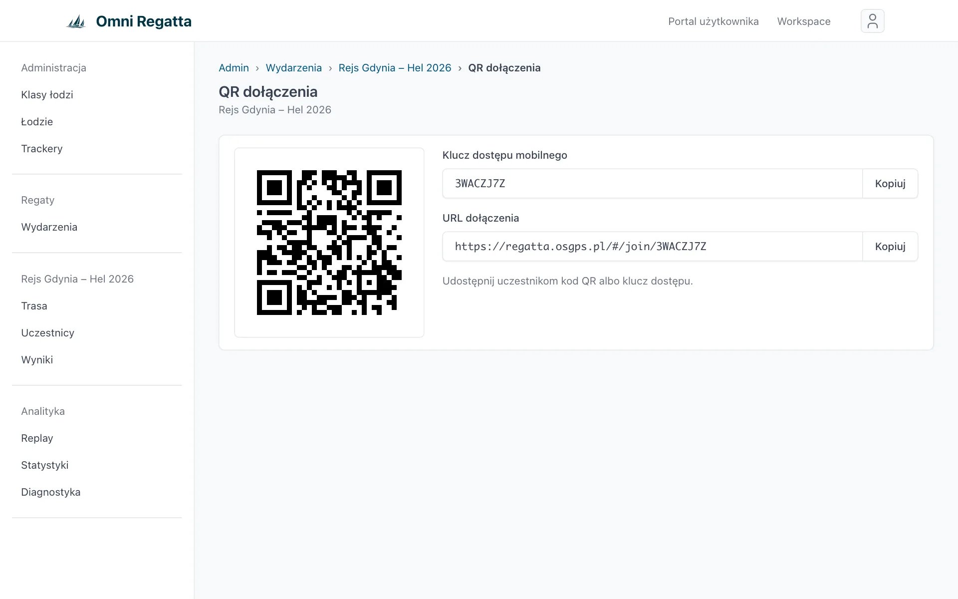 Strona QR dołączenia z kodem QR, kluczem dostępu mobilnego i linkiem