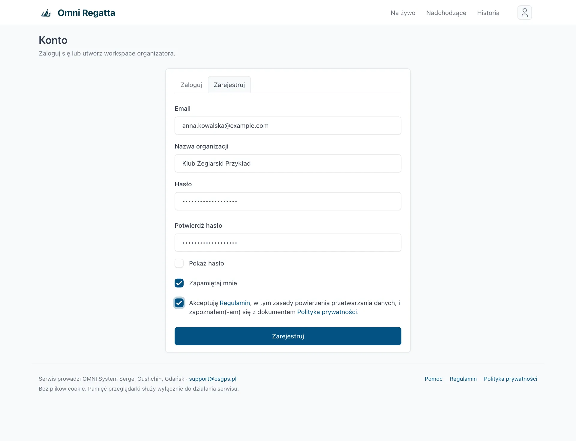 Formularz rejestracji z polami e-mail, nazwa organizacji, hasło i akceptacja regulaminu