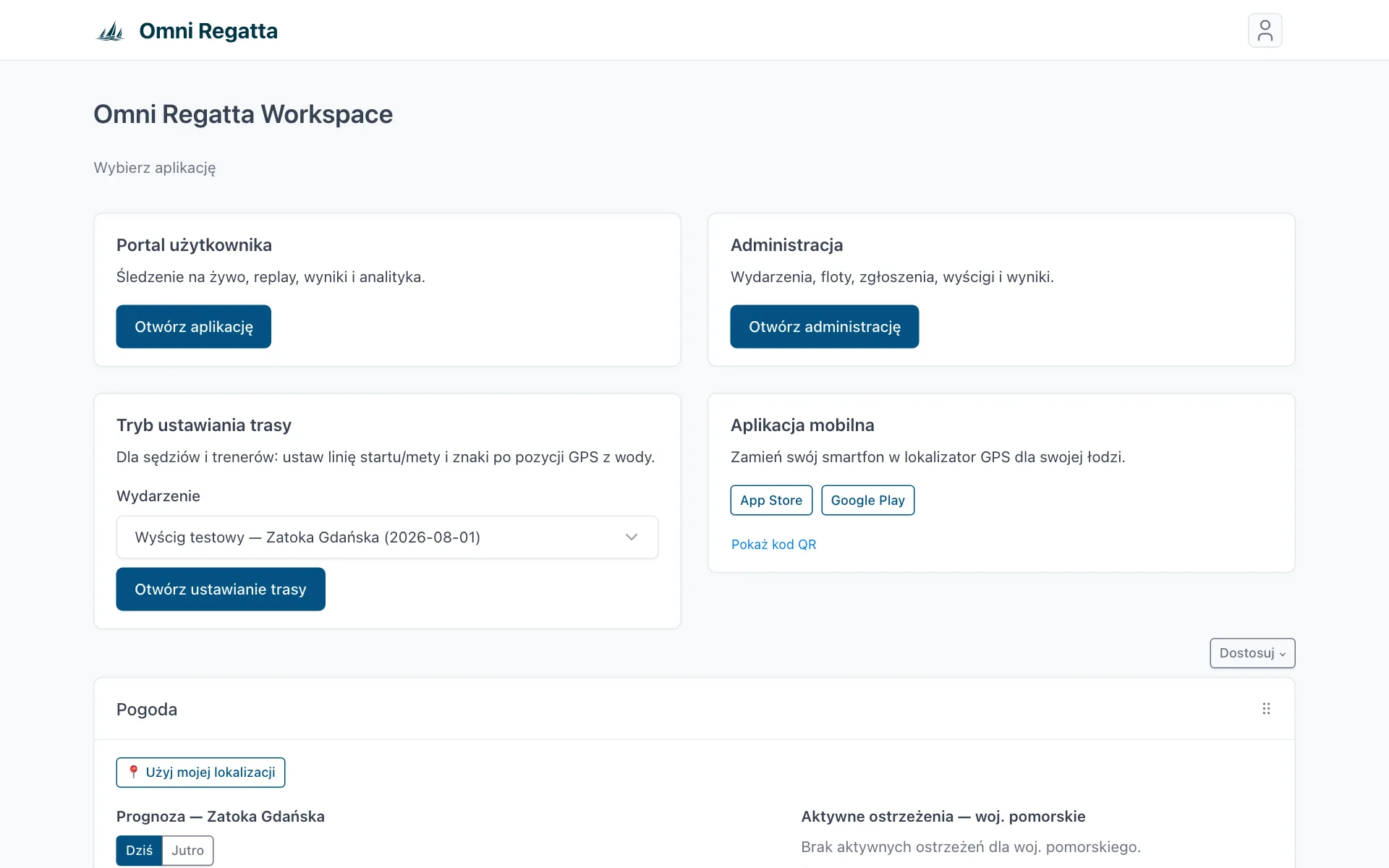 Workspace organizatora z kafelkami Portal użytkownika, Administracja, Tryb ustawiania trasy i Aplikacja mobilna